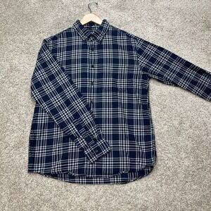 Uniqlo Button Down Shirt Mens Medium Navy Blue White Checked Long Sleeve Flannel